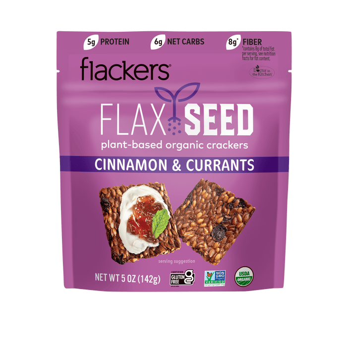 Purple packaging that says "Flackers Flaxseed Plant-based organic crackers Cinnamon & currants, Net wt 5 oz (142g), Gluten-free, Non-GMO Product Verified, USDA Organic, 5g protein, 6g net carbs, 8g fiber"
