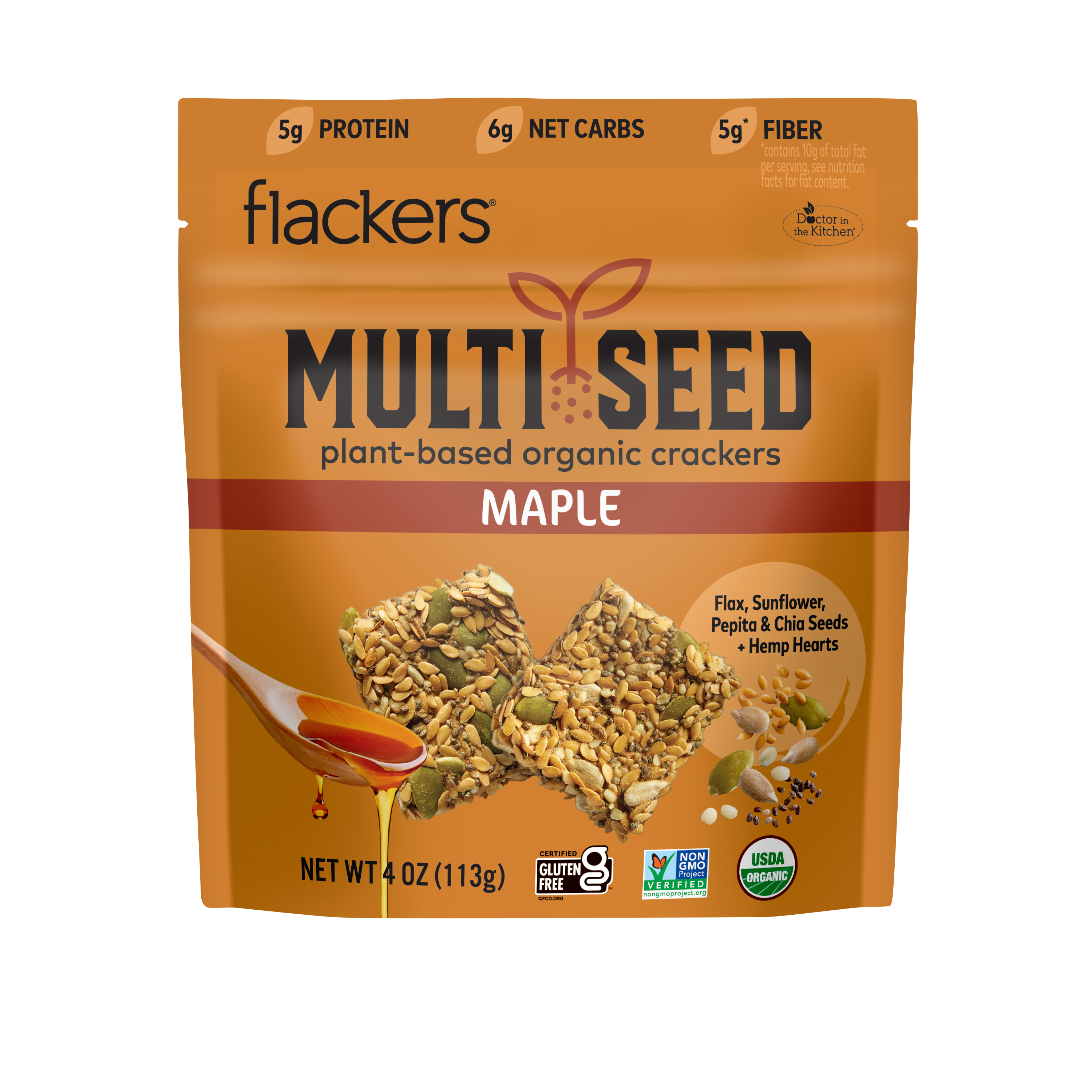 An orange bag depicting the Maple multi-seed cracker plant-based organic crackers with flax, sunflower, pepita, and chia seeds, plus hemp hearts
