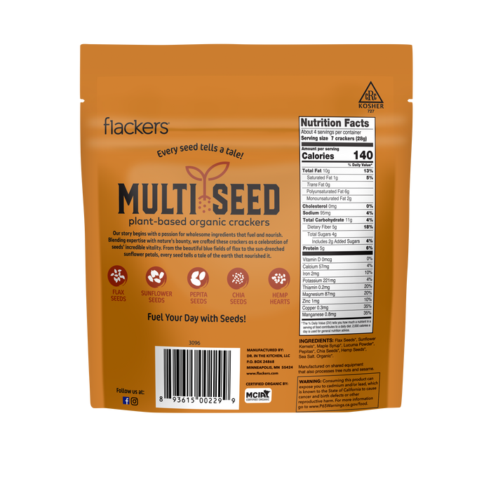 The back of the product bag that says "Every seed tells a tale! Fuel your day with seeds!" including the nutritional label and product description