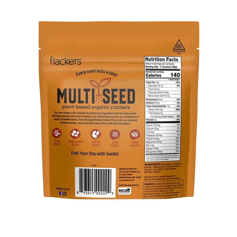The back of the product bag that says "Every seed tells a tale! Fuel your day with seeds!" including the nutritional label and product description